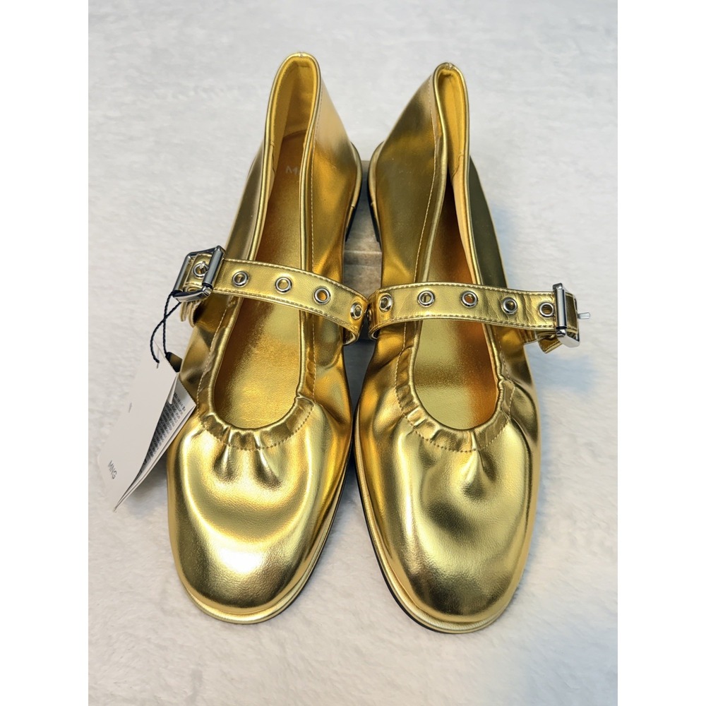 NEW MANGO MNG GOLD GATHERED STRAP BUCKLE BALLERINA BALLET FLAT SHOES 39 US 8-8.5